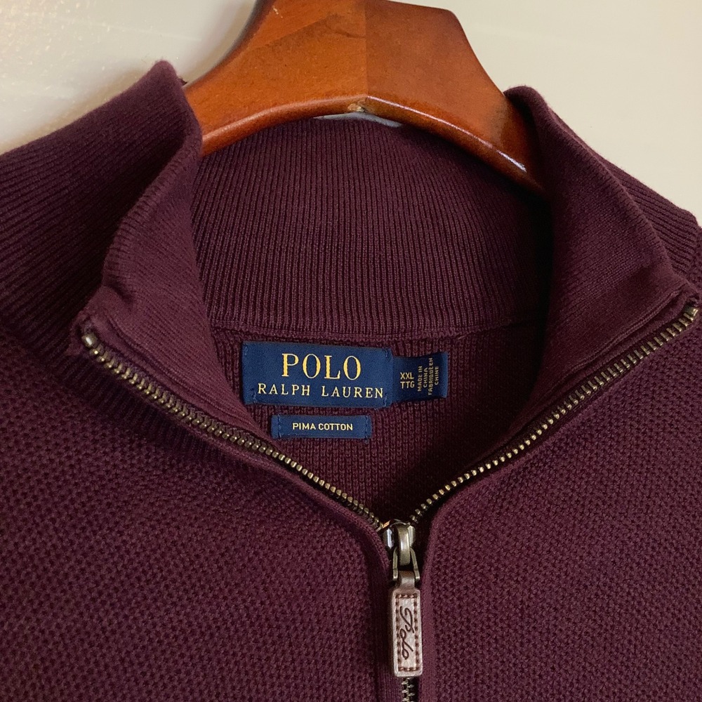 Polo Ralph Lauren Mens XXL Burgundy Pima Cotton Quarter Zip Textured Sweater